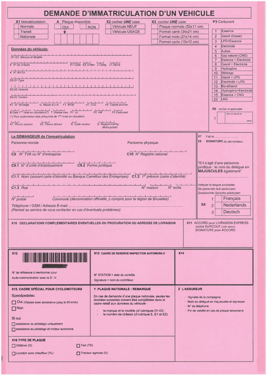 Demande d'immatriculation d'un véhicule : le formulaire rose de la DIV, recto