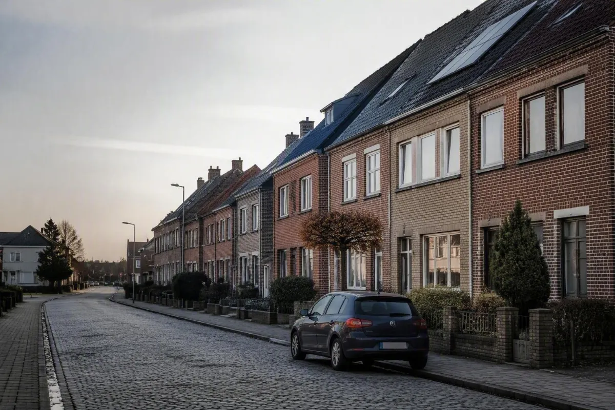Voiture particulière garée le long d'une rue belge sous une lumière naturelle : assurance auto RC et omnium