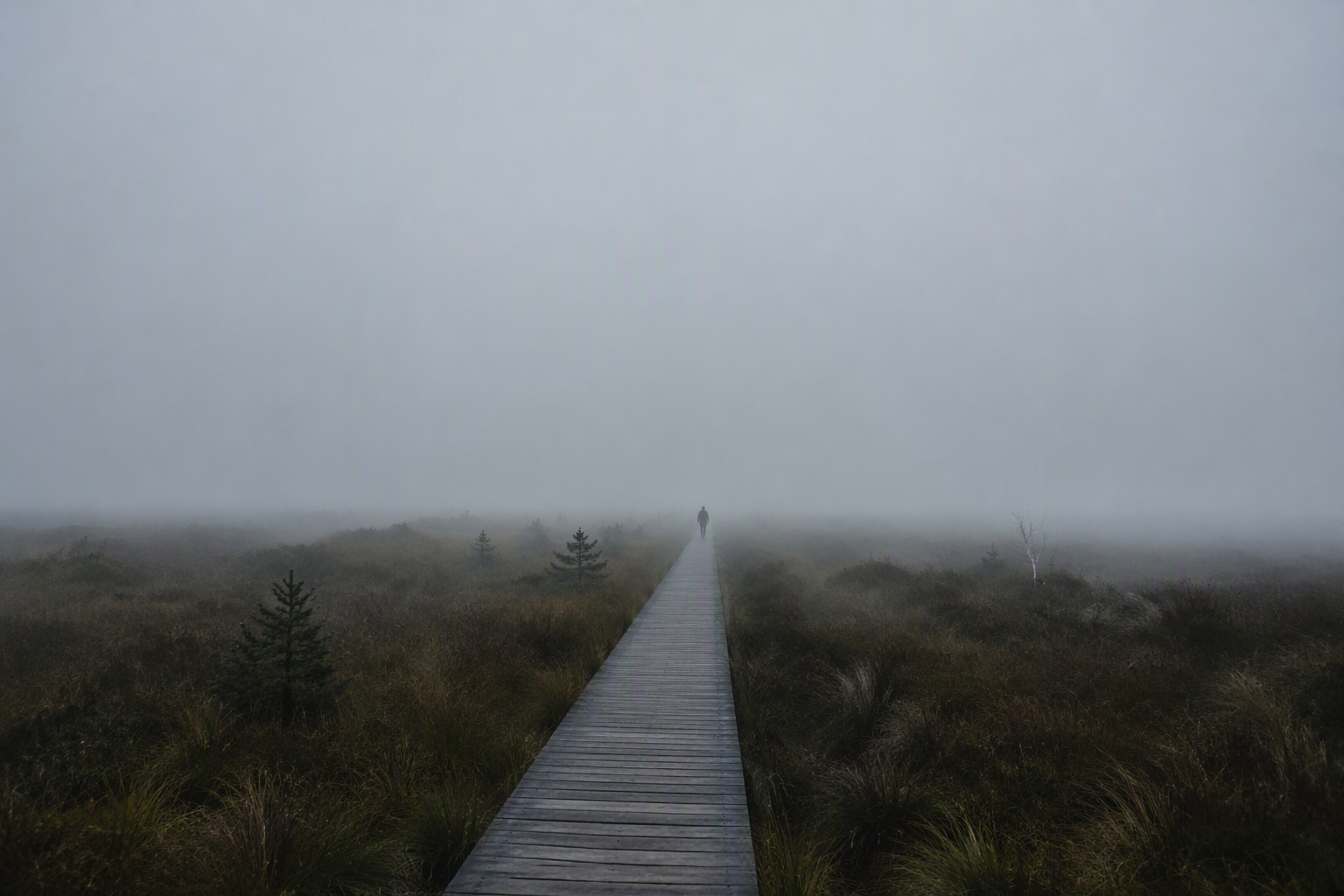 Un promeneur seul sur un ponton dans la brume des Hautes Fagnes — l'immensité et le détail.