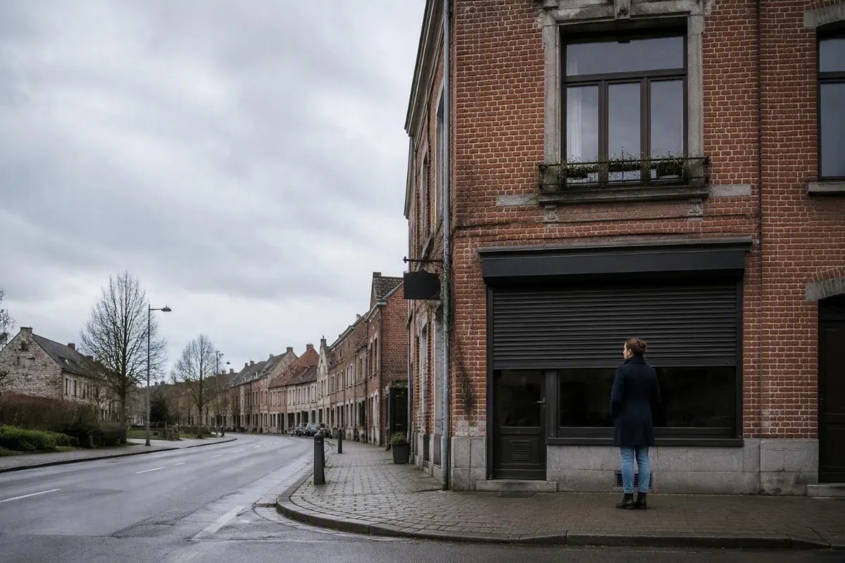 Commerçante debout devant sa boutique fermée après un sinistre en Belgique : l'activité à l'arrêt, couverte par la perte d'exploitation