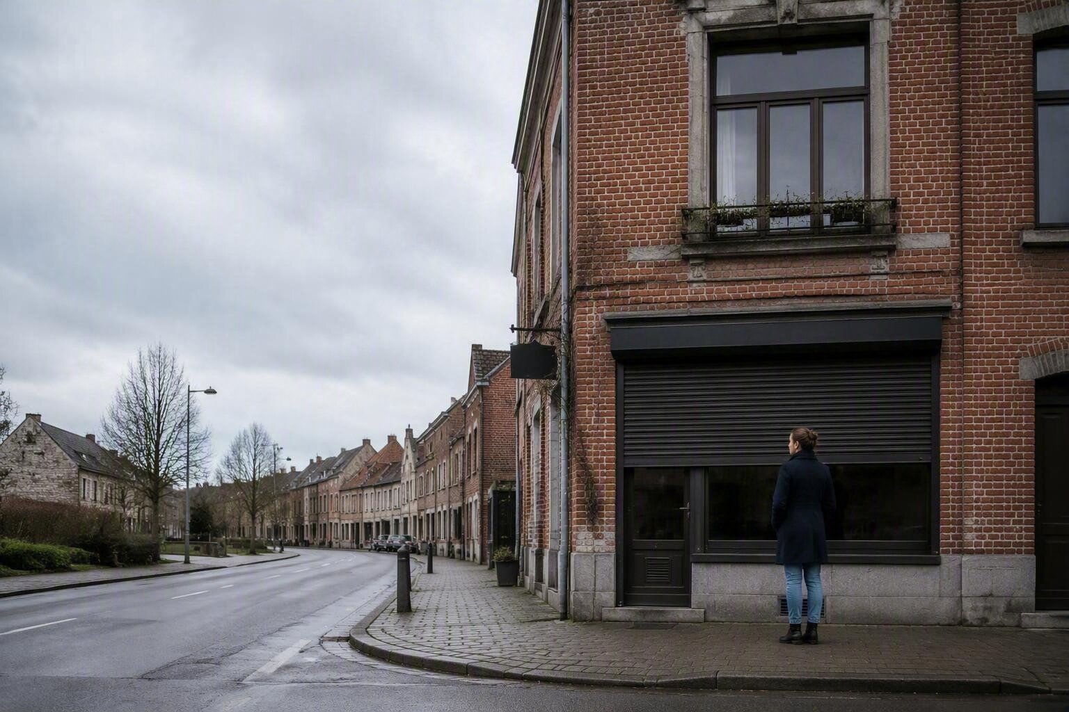 Commerçante minuscule debout devant sa boutique fermée après un sinistre en Belgique — l'activité à l'arrêt, couverte par la perte d'exploitation
