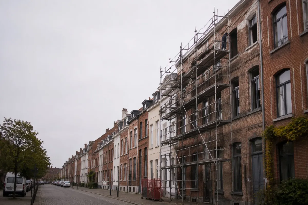 Ouvrier sur un chantier belge au pied d'un échafaudage : le risque physique de l'entreprise, couvert par la RC exploitation