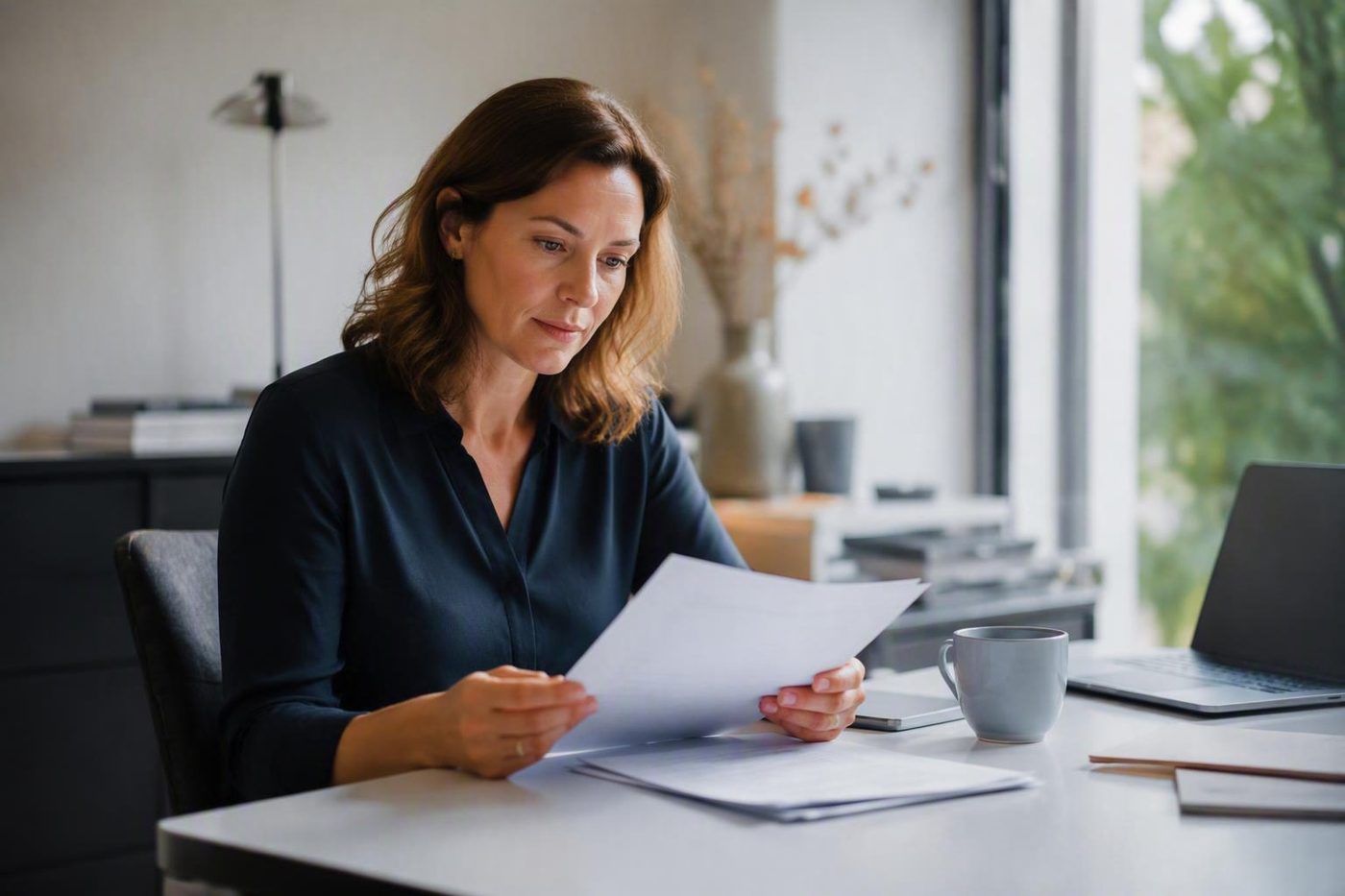 Personne relisant son contrat d'assurance à son bureau, calme et concentrée