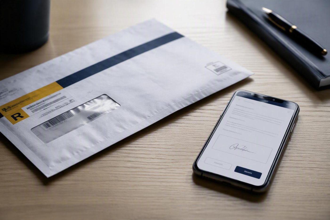 Enveloppe de courrier recommandé et smartphone avec application de signature électronique