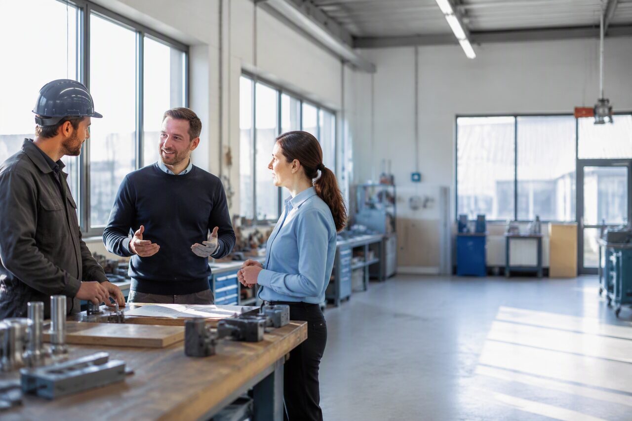 Chef d'entreprise d'une PME belge dans son atelier avec deux membres de son équipe